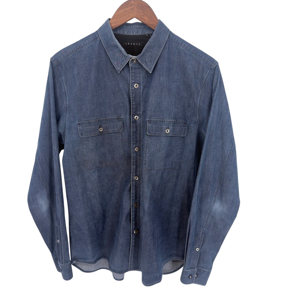 Theory Women's Relaxed Denim Shirt L Blue Long Sleeve Cotton Blend Button Up